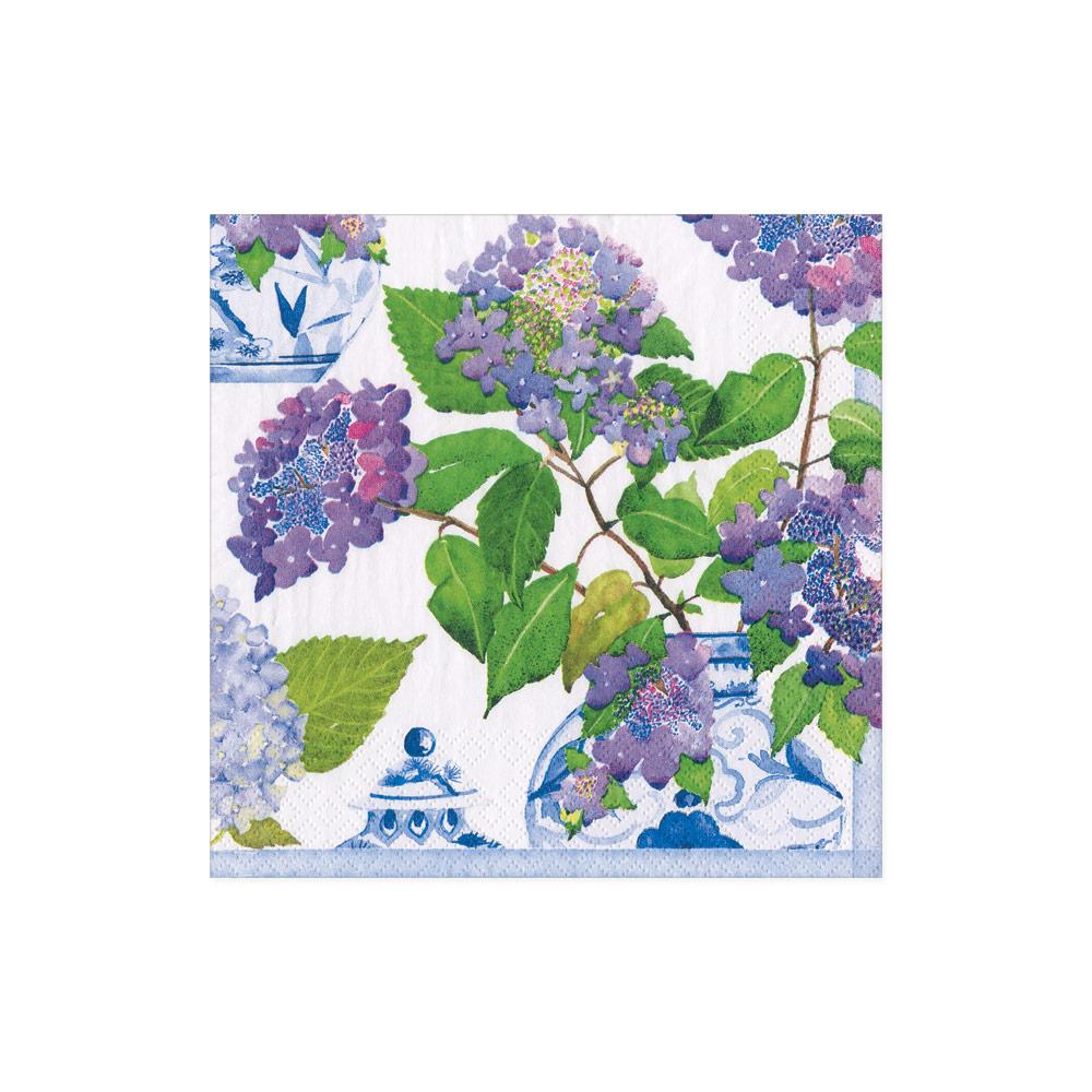 Caspari Hydrangeas & Porcelain Beverage Napkins - Cocktail and Guest