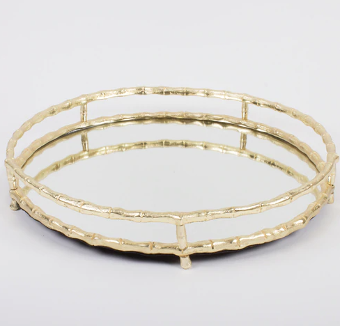Gold Bamboo Round Mirrored Tray