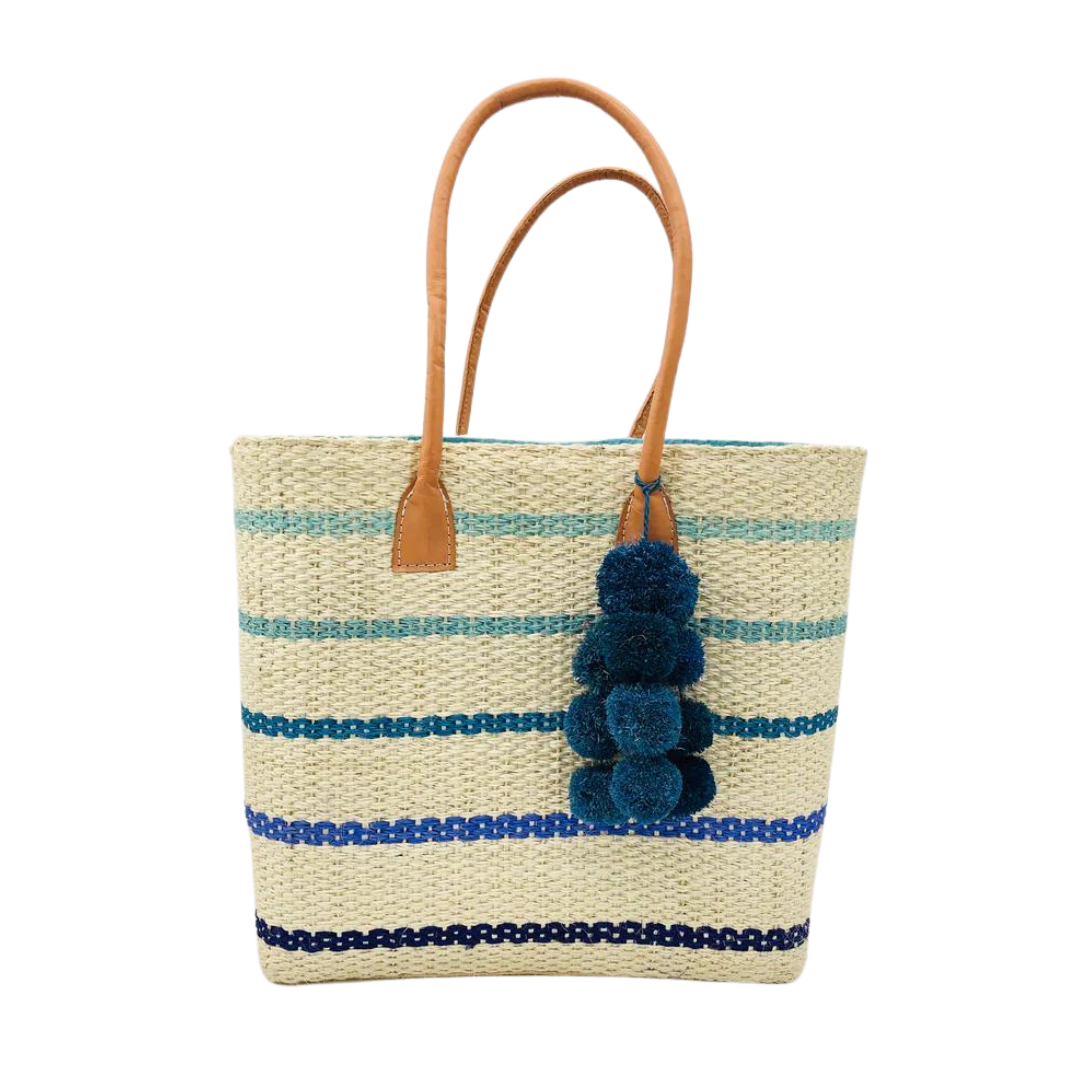 Pinstripe Sisal Basket Bag with Pompoms - (pink or turquoise)