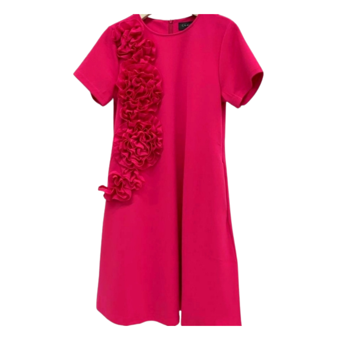Short Sleeve Dress with Petals - Fuchsia